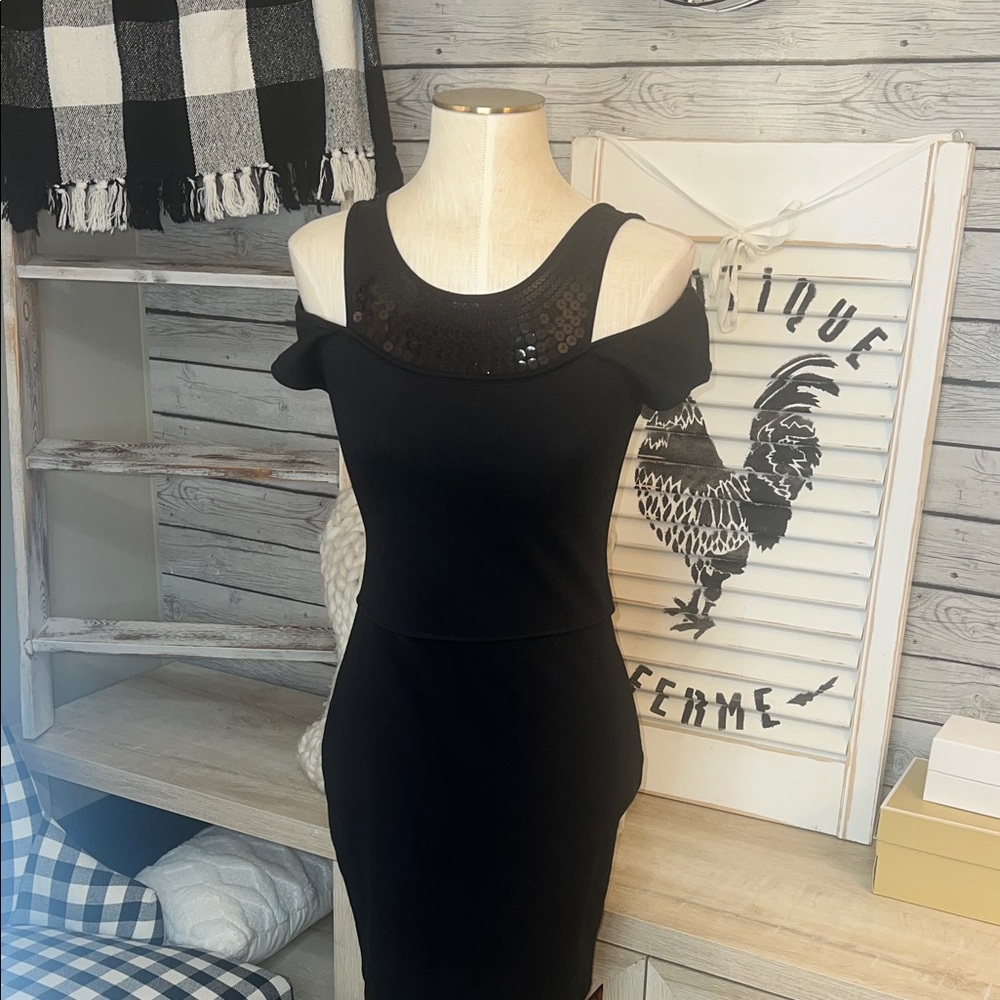 Armani Excahnge Chic Black Sequin-Trim Dress cold shoulder